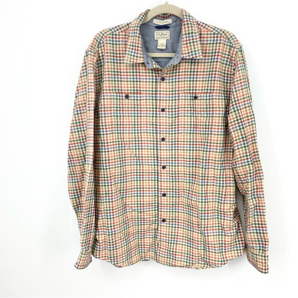 LL Bean‎ Men Size Large Shirt Button Down Top Yellow Red Checkered Plaid Cotton